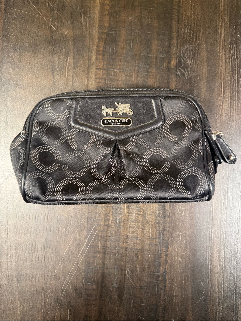 Vintage Coach Madison Op Art Black Satin Monogram Cosmetic Pouch